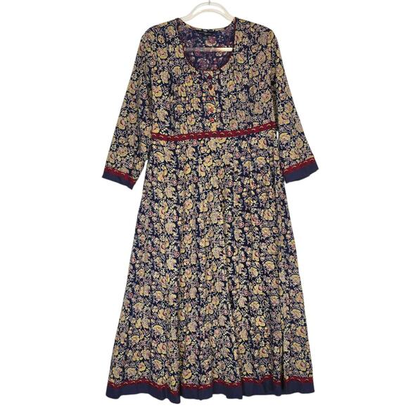 April Cornell Indian Fresco Midi Dress Batik Floral Cotton Button Top Pullover M - Picture 1 of 10